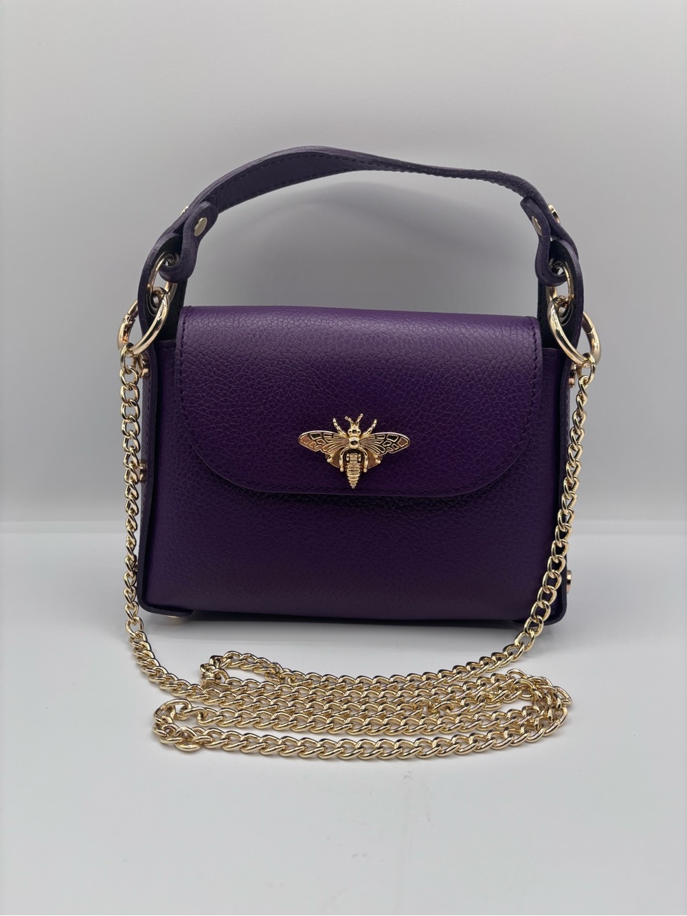 Vera Pelle Purple Leather Top-Handle Crossbody Bag with Gold Bee Accent
